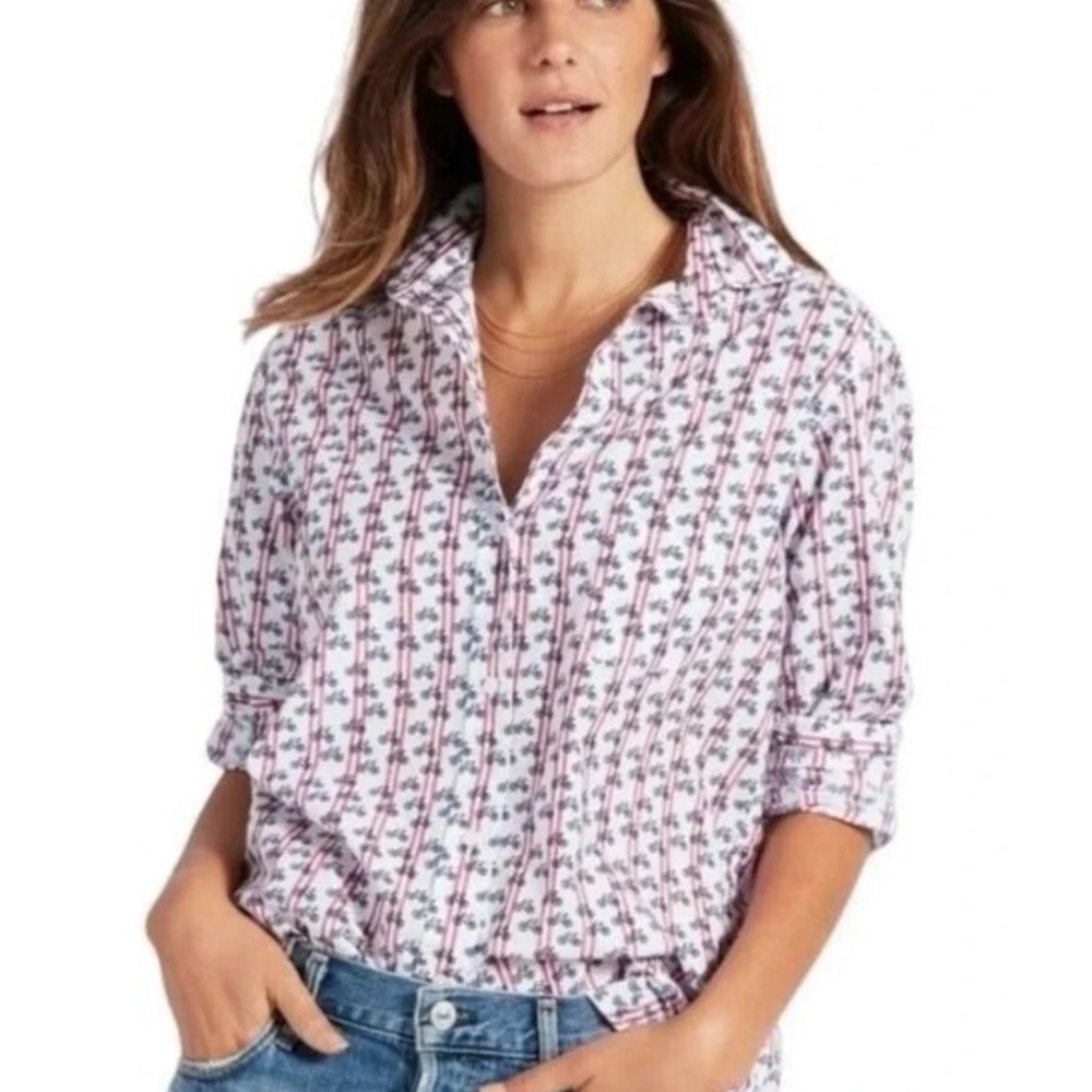 Grayson Womens The Hero Button Up Shirt Sz 03 Med White Red Stripe Bicycle Print